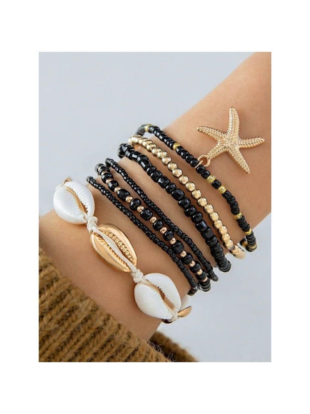 Bohemian Style Mixed Beads Bracelet Set Along with Alloy Star, Black